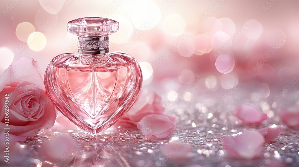 This image features a delicate pink heart-shaped perfume bottle surrounded by scattered rose petals, evoking romance and elegance in a soft, dreamy ambiance. This image features a delicate pink heart-shaped perfume bottle surrounded by scattered rose petals, evoking romance and elegance in a soft, dreamy ambiance.