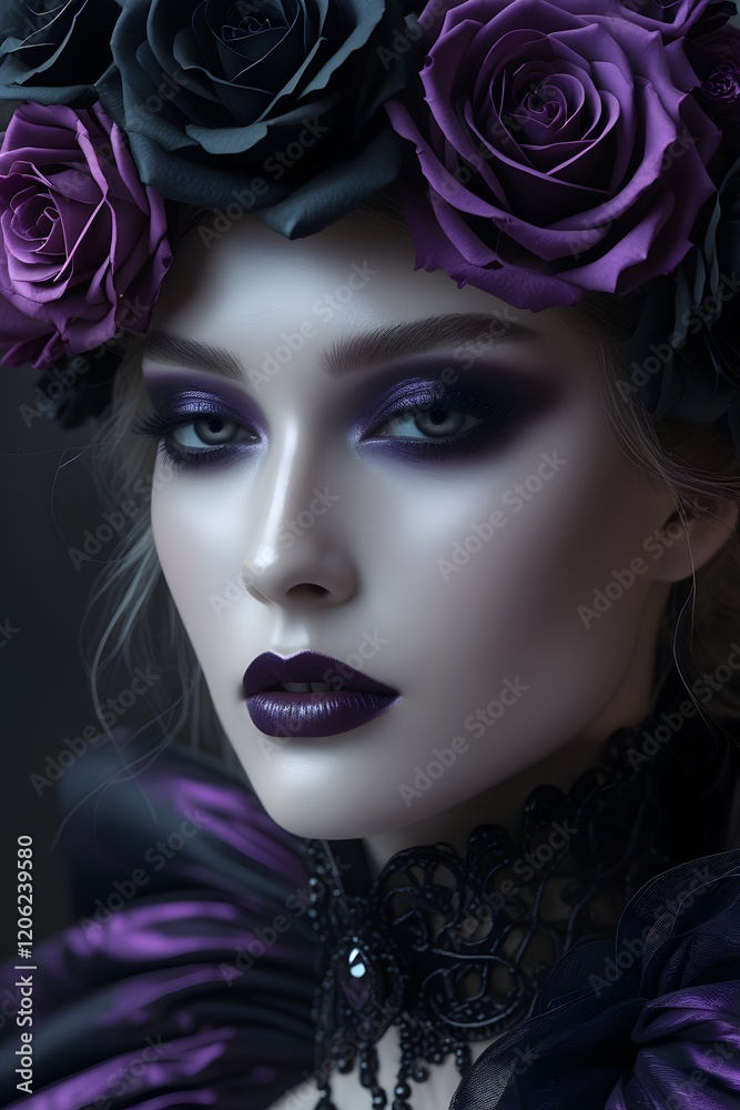 Fototapeta premium Close-up of a woman with dramatic purple makeup and rose headpiece.
