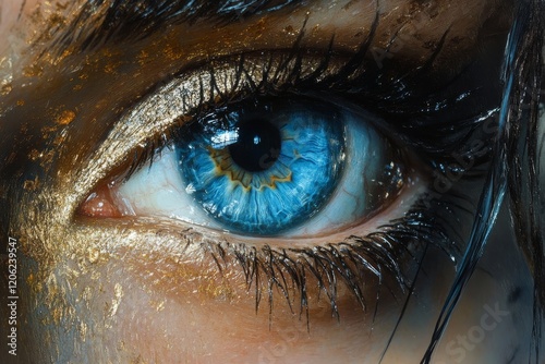 Close-up view of a striking blue eye decorated with golden accents and dramat...