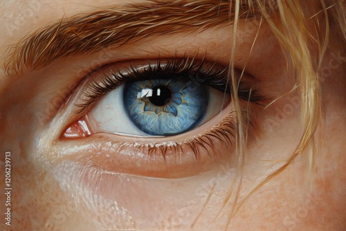 Close-up view of a striking blue eye decorated with golden accents and dramat...