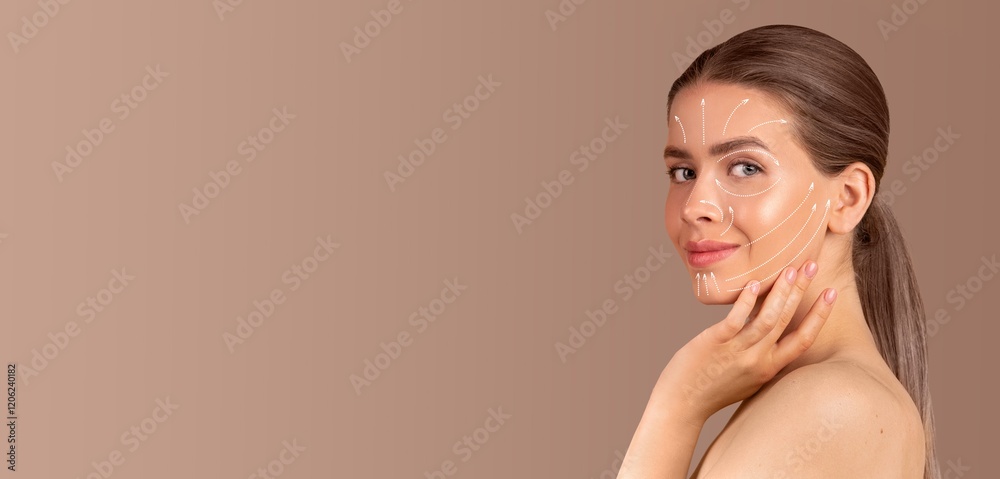 Obraz premium A woman engages in a skin care routine, applying pampering products on her face. She exudes calmness and confidence while surrounded by an empty, neutral background.