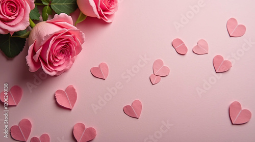 pink roses Floral with Heart Decorations, Valentine's Day concept banner