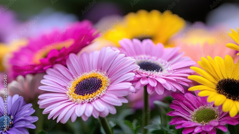 Colorful gerbera daisies bloom in garden, spring background, floral wallpaper Colorful gerbera daisies bloom in garden, spring background, floral wallpaper