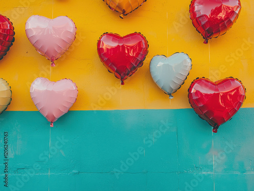 Valentine’s Day-inspired portrait of a Gen Z couple under a heart-shaped balloon arch with floating confetti photo