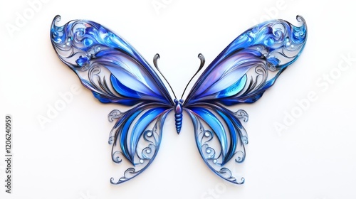 Close-up of the delicate and vibrant wings of a blue butterfly, isolated on a clean white background, showcasing intricate patterns and natural beauty.