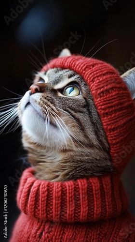 Cute cat in a red sweater looking upwards with a curious expression and whisk...