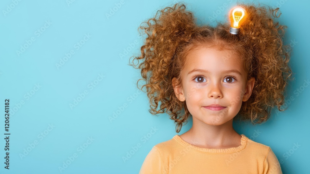 Girl, idea, lightbulb, head, studio, background, childhood, creativity, thinking, stock photo Girl, idea, lightbulb, head, studio, background, childhood, creativity, thinking, stock photo