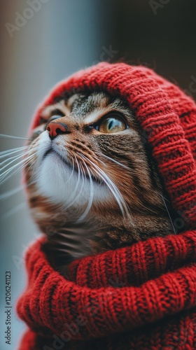 Cute cat in a red sweater looking upwards with a curious expression and whisk...