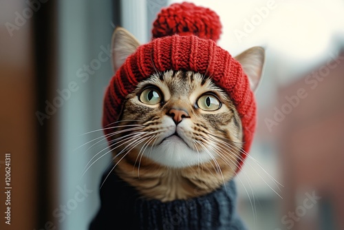 Cute cat wearing a red knitted hat in a colorful autumn setting