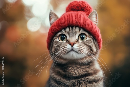 Cute cat wearing a red knitted hat in a colorful autumn setting