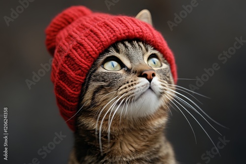 Cute cat wearing a red knitted hat in a colorful autumn setting