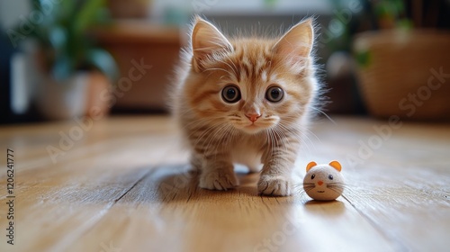 Curious cat and a small toy mouse on wooden floor at home during daytime