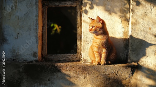 Black cat sitting on a windowsill gazing at the morning light in a quiet room
