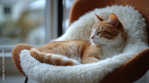 Relaxing cat in cozy chair enjoying peaceful morning light in a modern living...