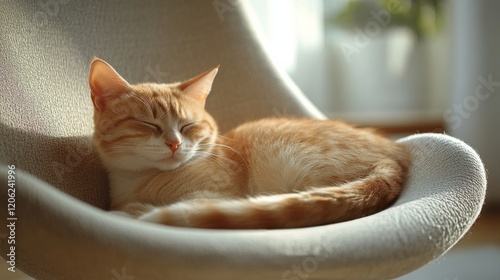 Relaxing cat in cozy chair enjoying peaceful morning light in a modern living...