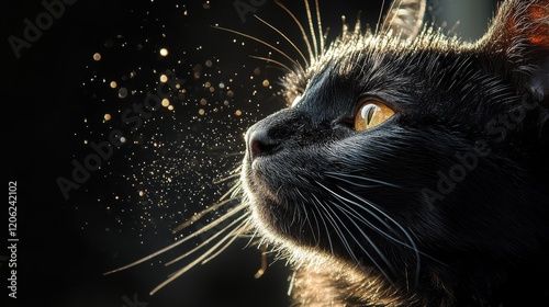 Captivating close-up of a cat illuminated by dust particles in soft light