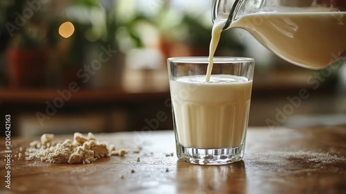 Pouring fresh milk into a glass with a rustic kitchen setting and natural light