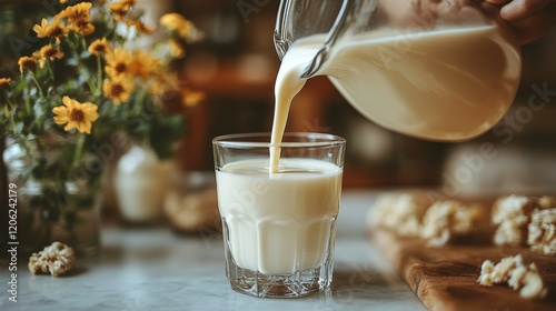 Pouring fresh milk into a glass with a rustic kitchen setting and natural light