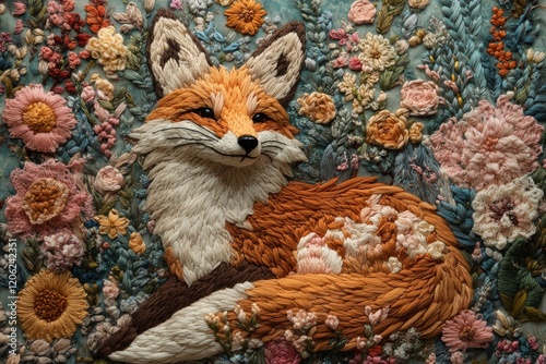 Embroidered fox surrounded by colorful flowers in a detailed artwork