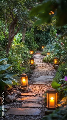Serene garden path illuminated by lanterns at dusk surrounded by lush greener...