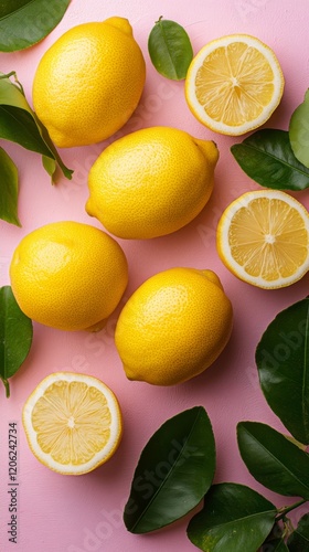 Bright yellow lemons surrounded by green leaves on pink background with a hal...