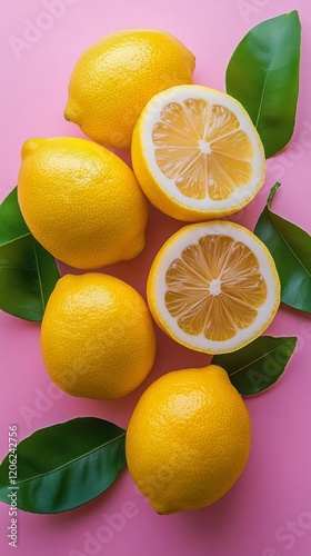 Bright yellow lemons surrounded by green leaves on pink background with a hal...