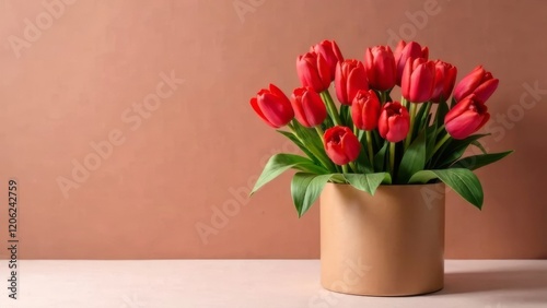 Wallpaper Mural Red tulips are in a brown round box. space for text Torontodigital.ca