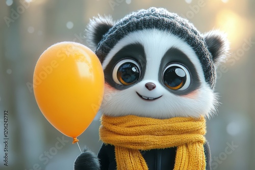 Cute panda character holding a balloon in a snowy, cheerful setting during wi...