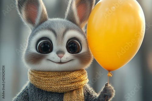 Cute panda character holding a balloon in a snowy, cheerful setting during wi...