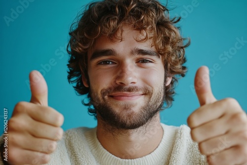 Young man with curly hair and beard gives thumbs up against bright blue backg...