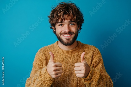 Young man with curly hair and beard gives thumbs up against bright blue backg...