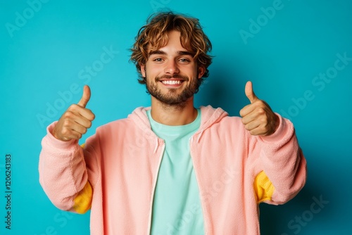 Young man with curly hair and beard gives thumbs up against bright blue backg...