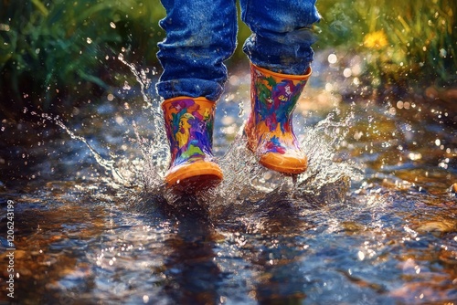 Colorful rain boots splashing in a shiny creek on a sunny day