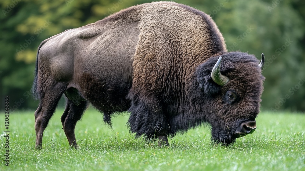 Fototapeta premium A powerful and majestic bison stands in a vibrant, lush green field, embodying strength and grace against the serene backdrop of nature, showcasing wildlife beauty.