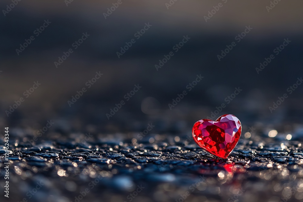 Fototapeta premium Red Crystal Heart Romantic Love Symbol on Dark Asphalt Background Beautiful Precious Gemstone Shiny Facets Valentines Day Theme Elegant Luxury Passionate Sentimental 