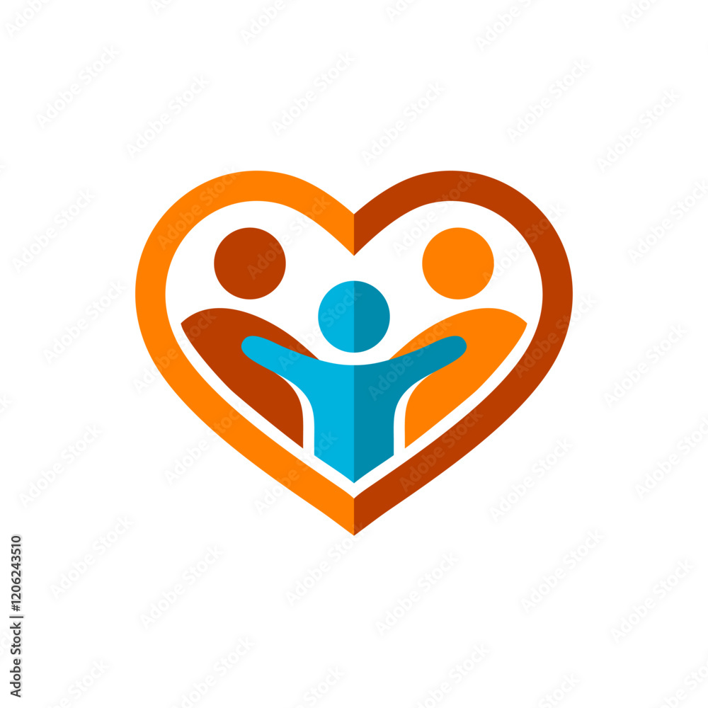 Heart logo with three people inside of it. The people are holding hands, happy and motivated. The heart is orange and blue colors. Kid with two parents family concept. Plain vibrant colors style icon. Heart logo with three people inside of it. The people are holding hands, happy and motivated. The heart is orange and blue colors. Kid with two parents family concept. Plain vibrant colors style icon.