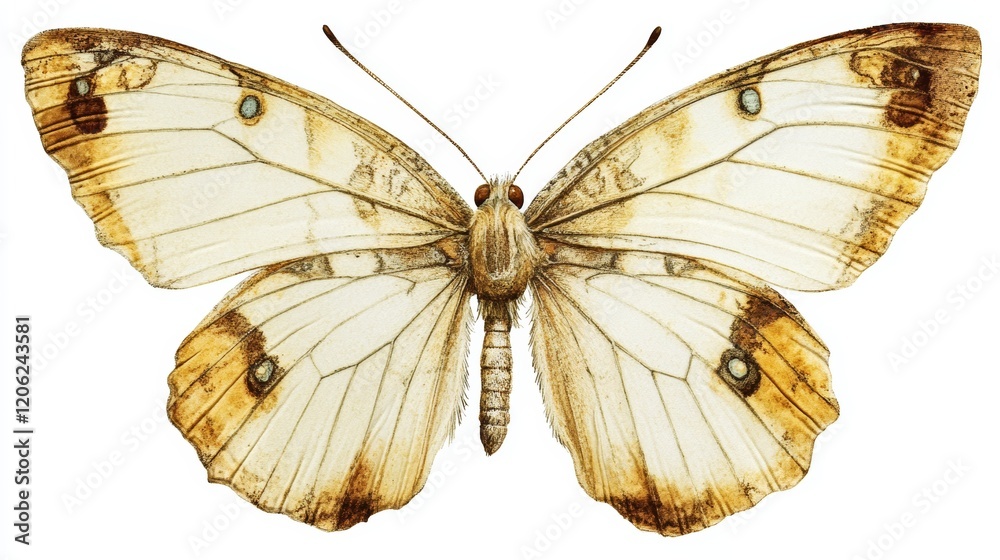 Fototapeta premium Colorful butterfly isolated on white background with transparent wings, close-up of vibrant insect for nature and wildlife imagery