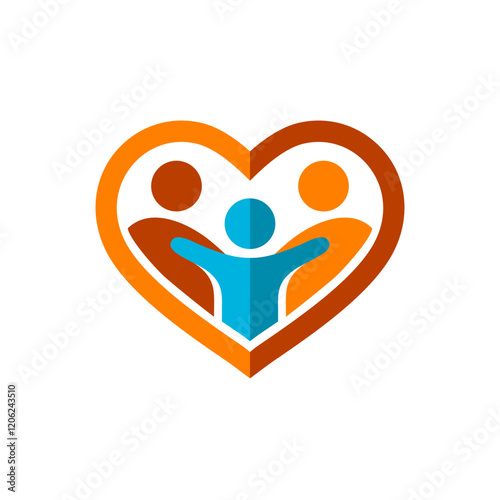 Heart logo with three people inside of it. The people are holding hands, happy and motivated. The heart is orange and blue colors. Kid with two parents family concept. Plain vibrant colors style icon.