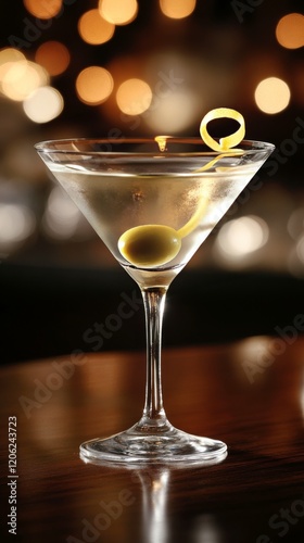 Classic cocktail with lemon twist and olive served in a dimly lit bar
