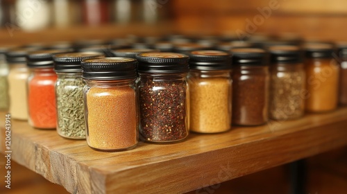 Colorful spices arranged in glass jars on a wooden shelf in a market setting