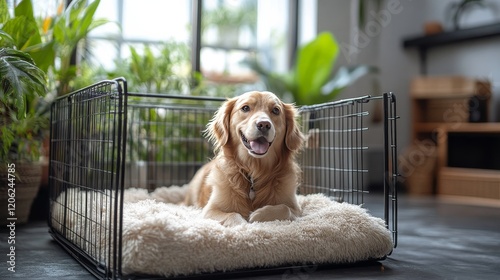 Dog relaxing on a soft bed inside a cozy crate surrounded by indoor plants du...