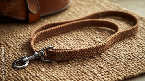 Stylish leather leash resting on a woven mat, showcasing craftsmanship and at...