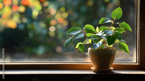 Green plant on wooden windowsill with soft sunlight in a cozy indoor setting