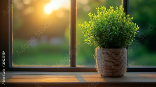 Green plant on wooden windowsill with soft sunlight in a cozy indoor setting