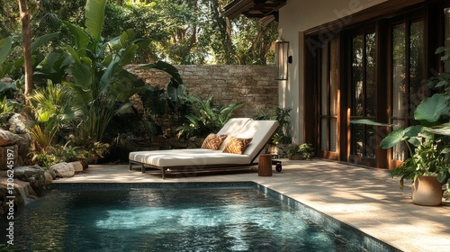 Relaxation by the serene poolside in a lush garden setting during a sunny aft...