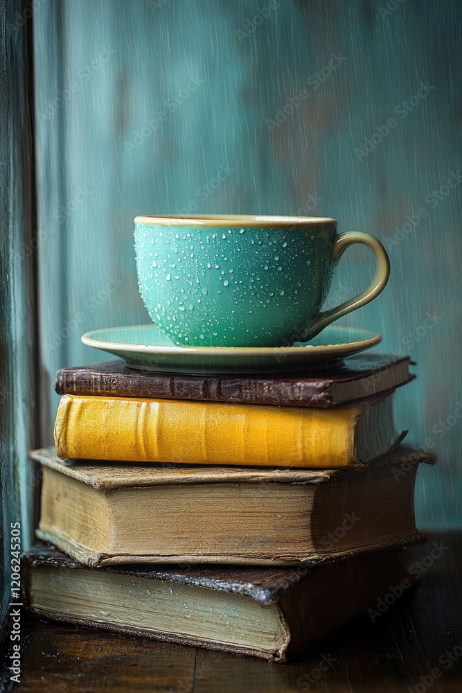 Cozy Cup of Coffee on Stack of Old Books by a Rainy Window Cozy Cup of Coffee on Stack of Old Books by a Rainy Window
