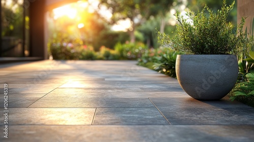 Sunlight illuminating a stone pathway lined with vibrant greenery in a serene...