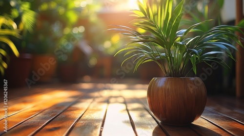 Sunlight illuminating a stone pathway lined with vibrant greenery in a serene...