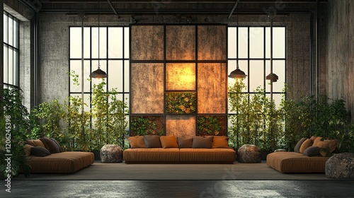 A minimalist yet luxurious living room with vertical floor-to-ceiling steel windows