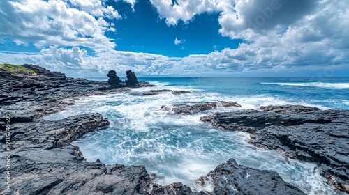 Vibrant Ocean Waves Crashing on Black Lava Rocks Under a Cloudy Sky photo